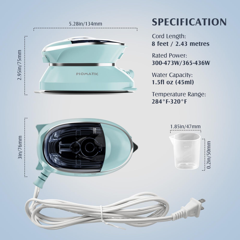 PIOMATIC iron next to phone showing size scale for easy packing benefit