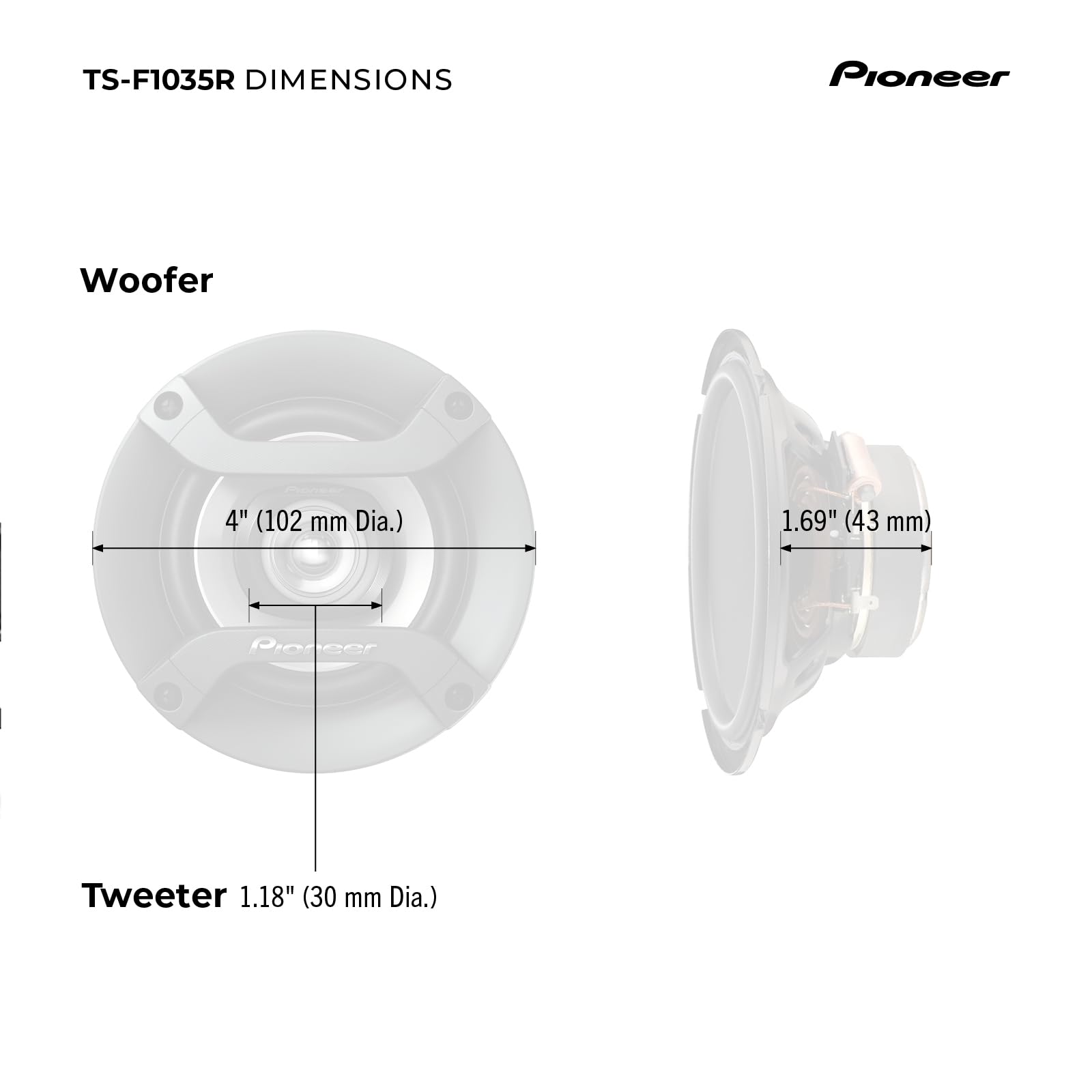 Pioneer speaker beside a ruler showing scale to confirm 4-inch fitment