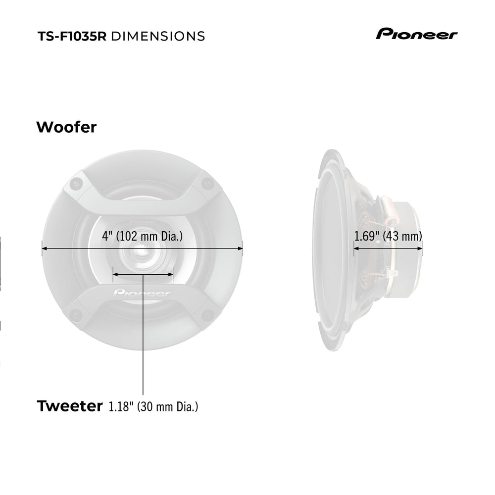 Pioneer speaker beside a ruler showing scale to confirm 4-inch fitment