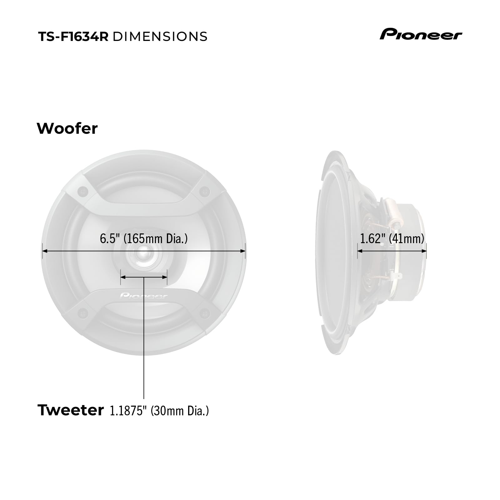 PIONEER speaker next to ruler showing 6.5-inch scale for fit confirmation