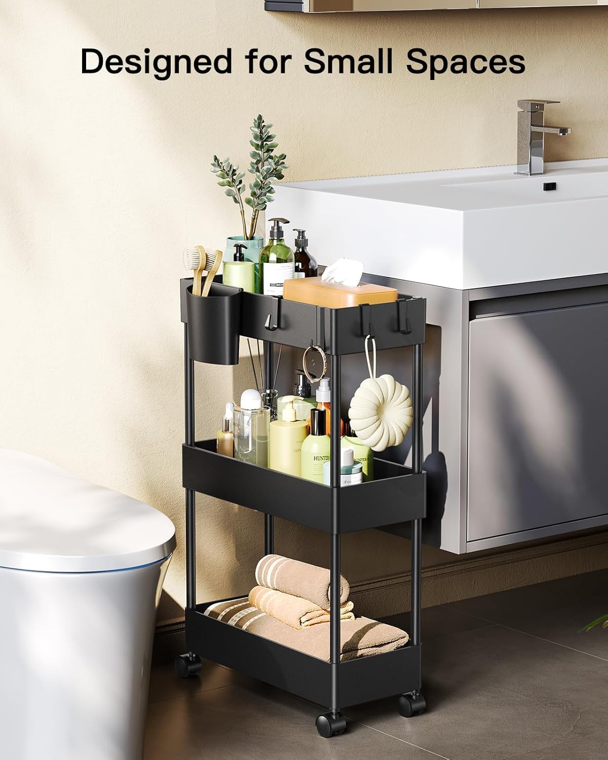 Pipishell caster wheel detail demonstrating smooth mobility on bathroom floors