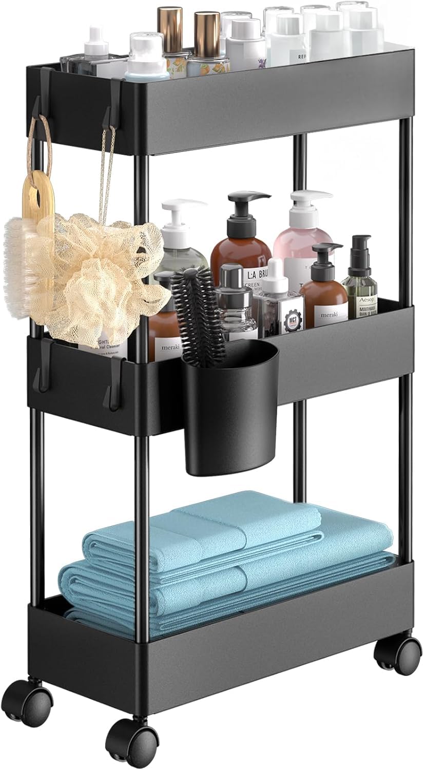 Pipishell front view of three-tier black cart showing compact storage benefits
