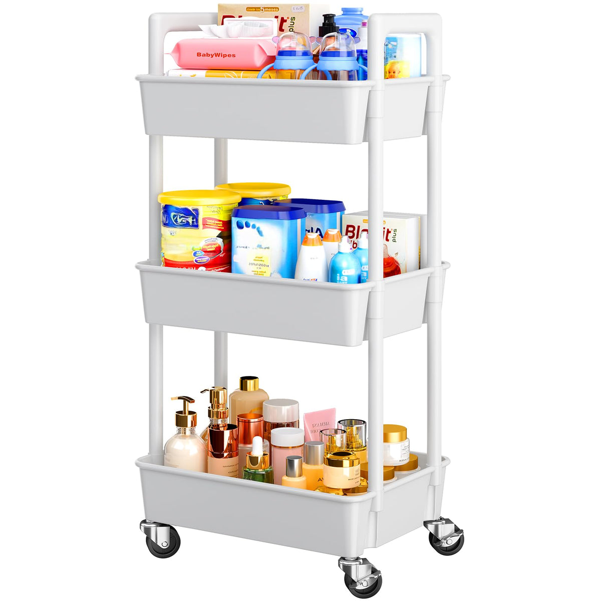 Pipishell front view white cart showing three baskets and clean profile for organized storage