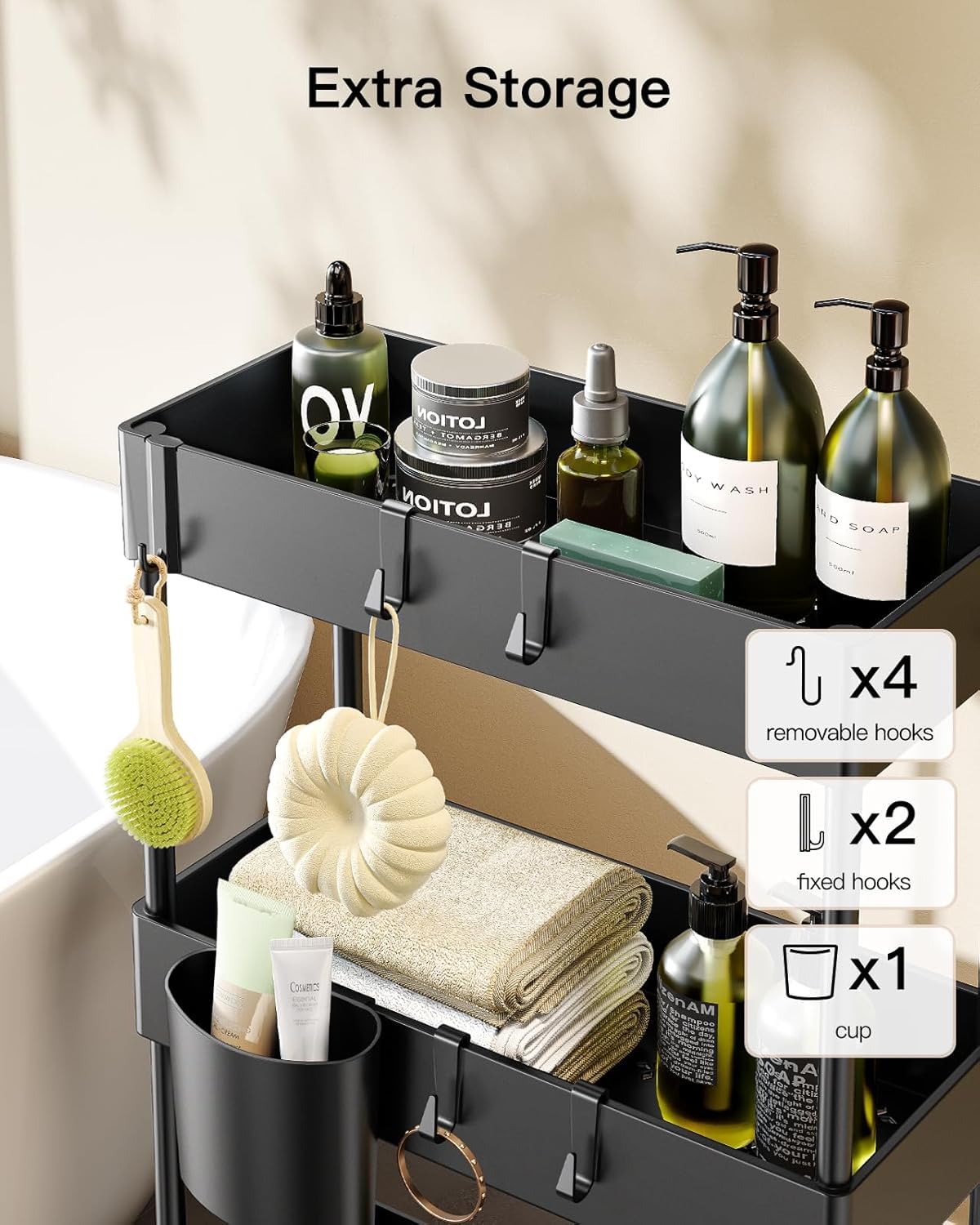 Pipishell side hooks and removable cup holding brushes and towels for easy access