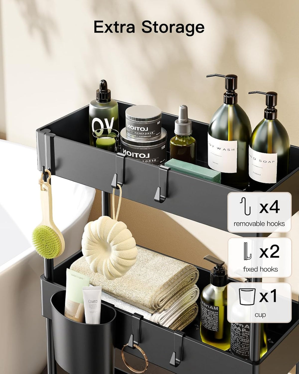 Pipishell side hooks and removable cup holding brushes and towels for easy access