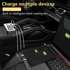 PiSFAU close-up of two 110V outlets and four USB ports for charging multiple devices