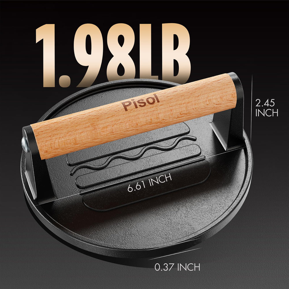 Pisol press in use on griddle making a crispy smash burger quickly