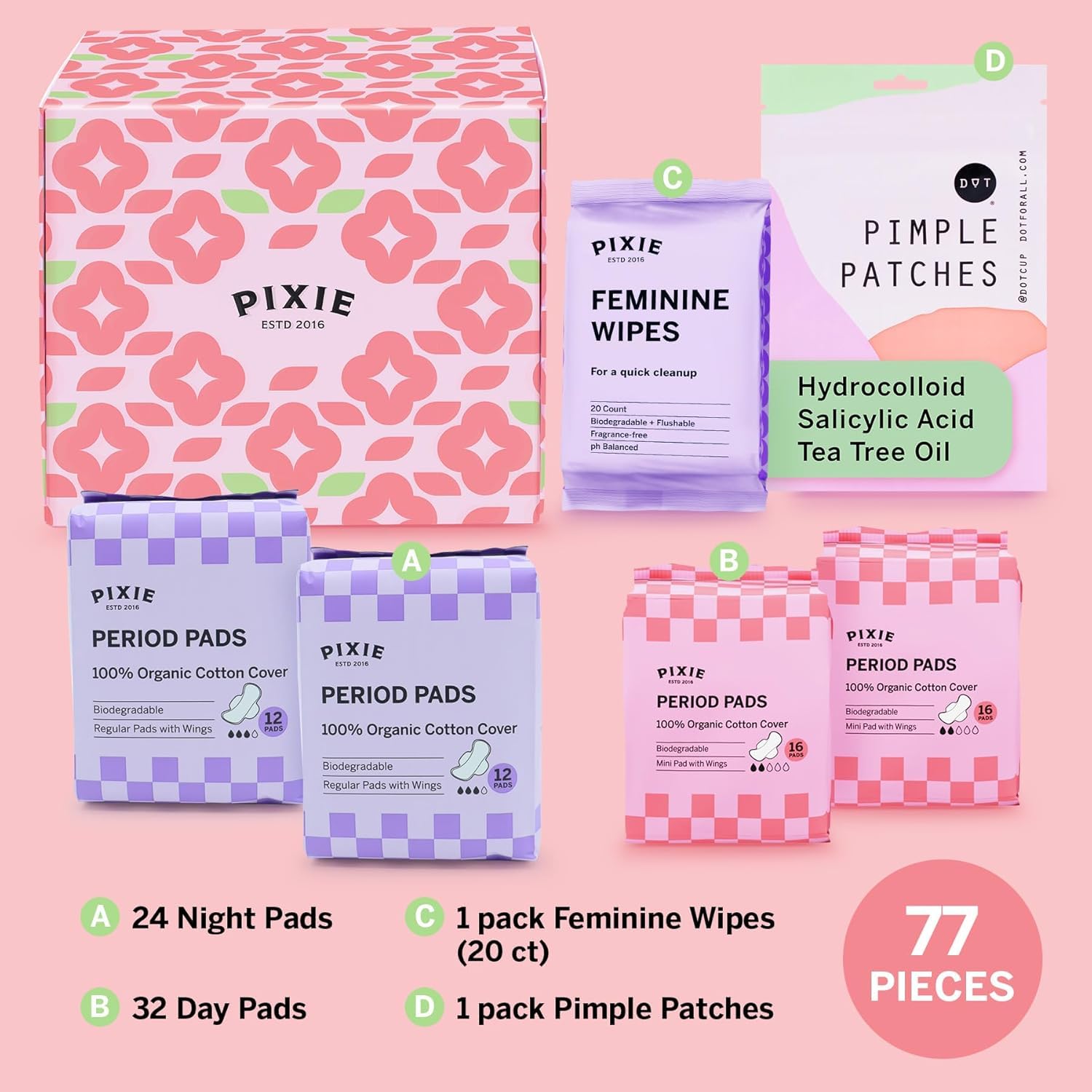 Pixie regular pad beside a mini pad showing size difference benefit