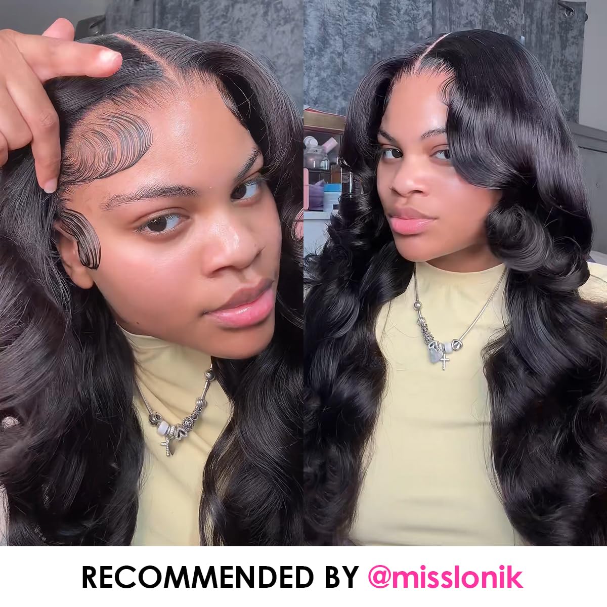 Pizazz wig worn on model to show true length and scale for realistic expectation benefit