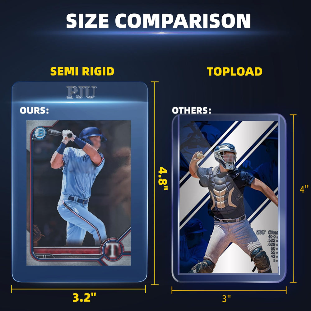 PJU size comparison beside a standard trading card illustrating fit for larger cards