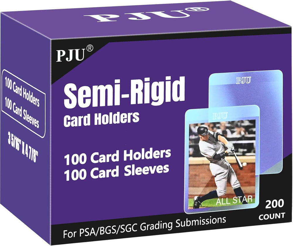 PJU front packaging of 100 semi-rigid holders and 100 sleeves showing kit benefit