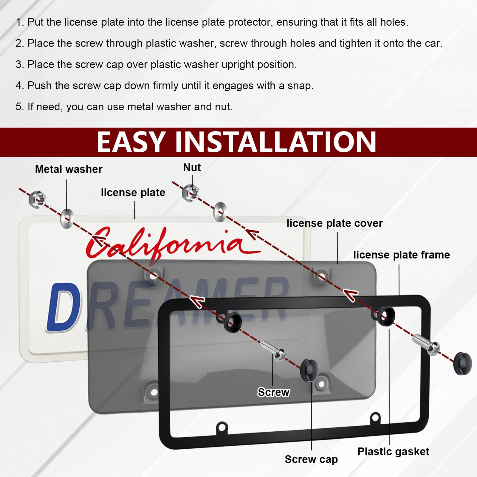 PLALEI installation hardware layout with screws caps washers for secure install