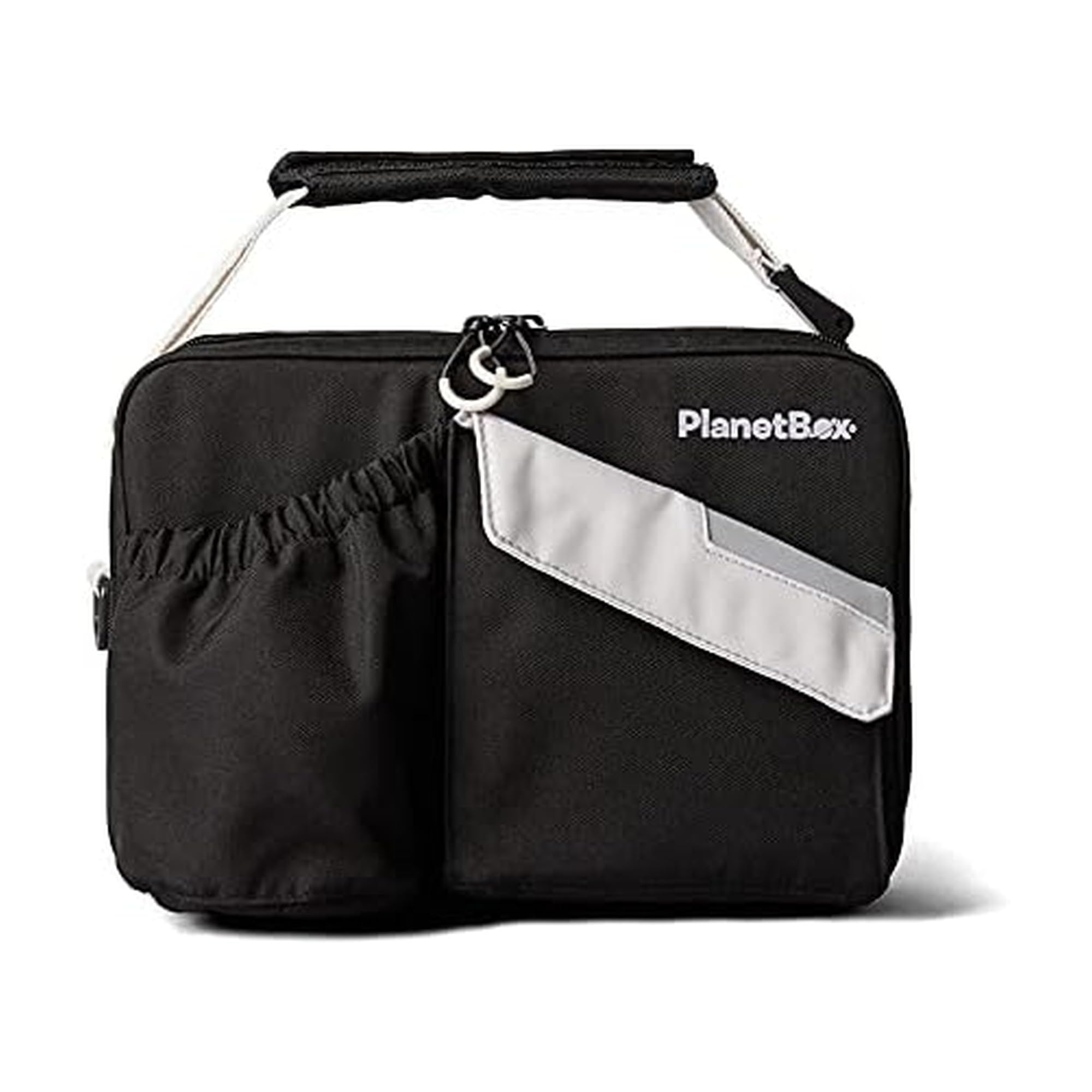 PlanetBox front view of Black Currant bag showing pockets and handle for easy transport