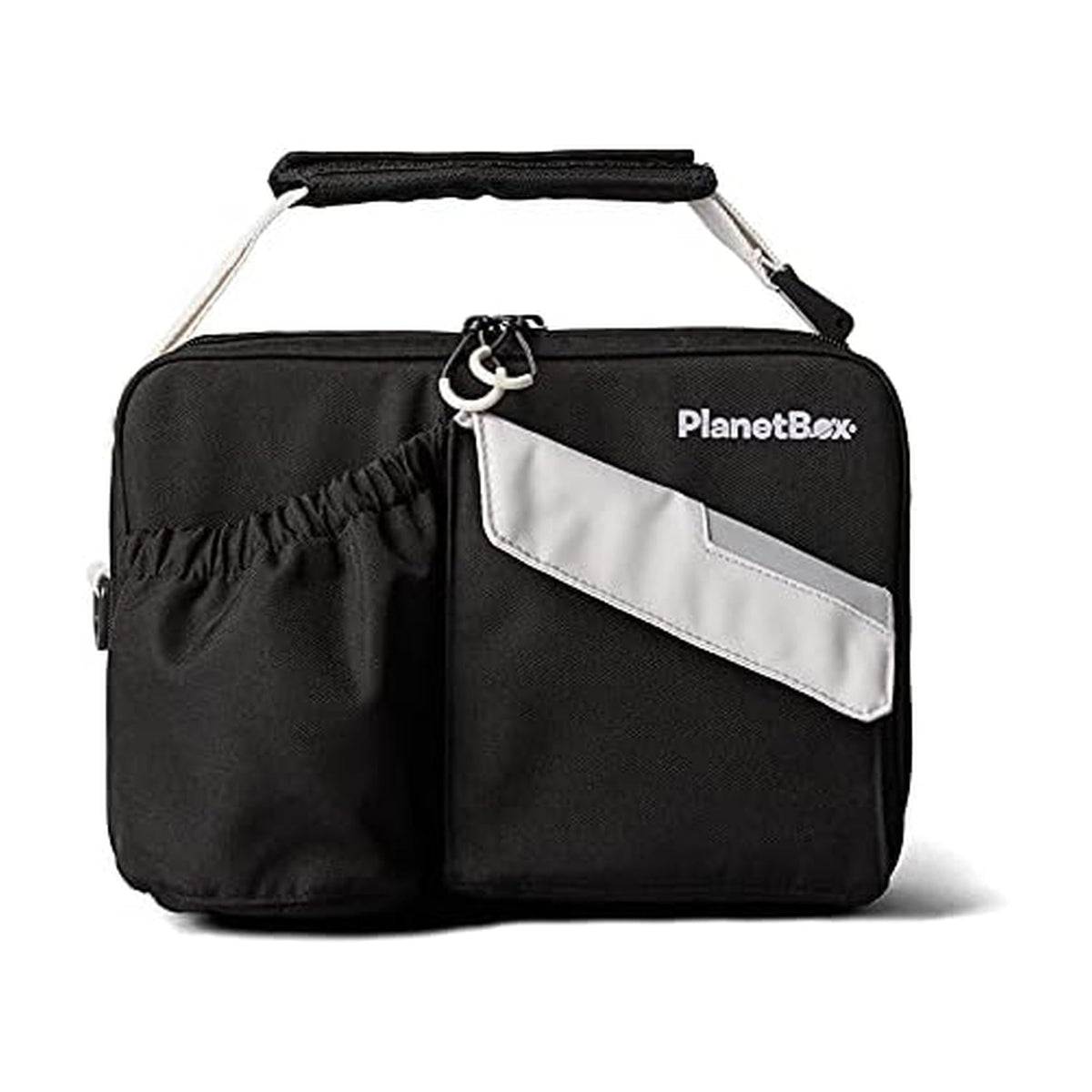 PlanetBox front view of Black Currant bag showing pockets and handle for easy transport