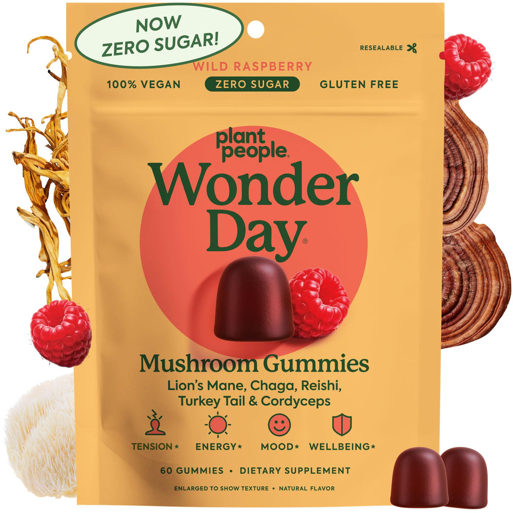 Plant People WonderDay pouch front view showing raspberry label and brand benefit
