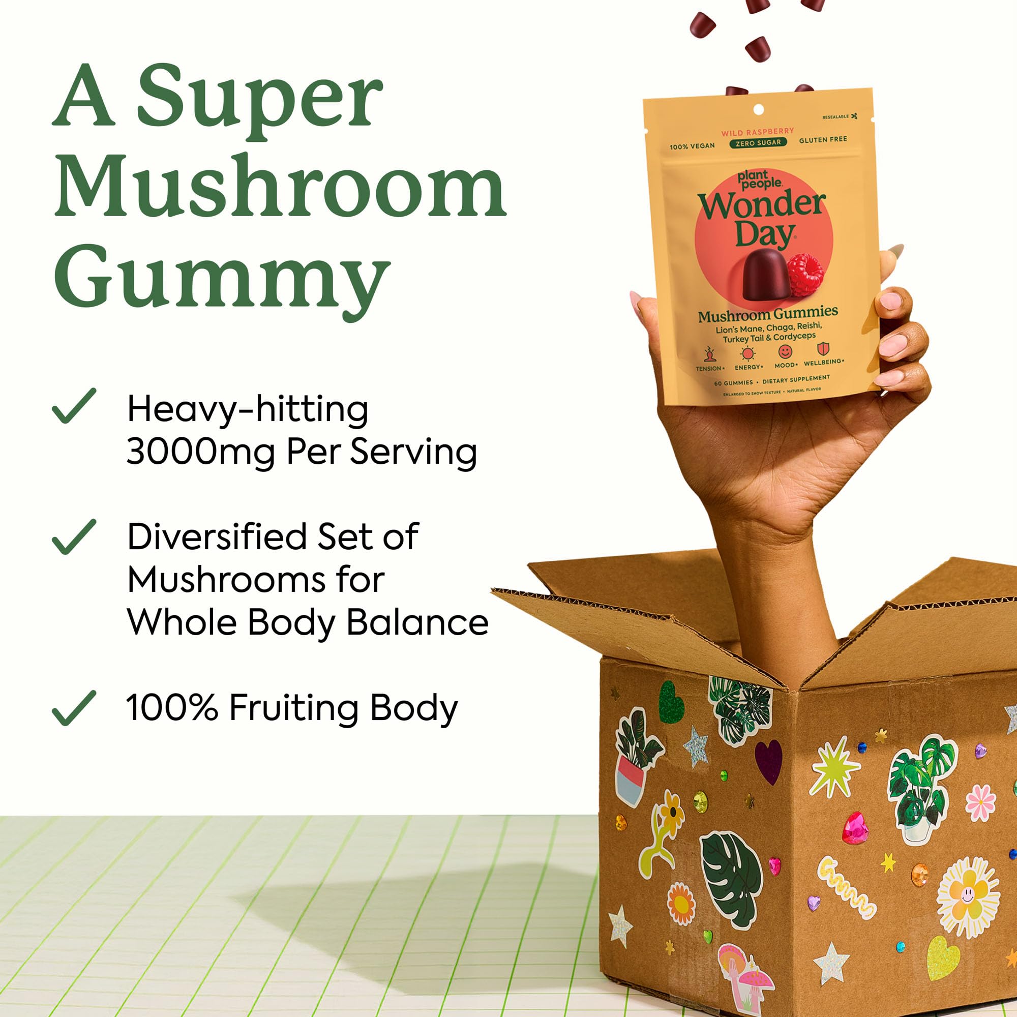 Plant People WonderDay close-up of raspberry mushroom gummies, easy daily chew