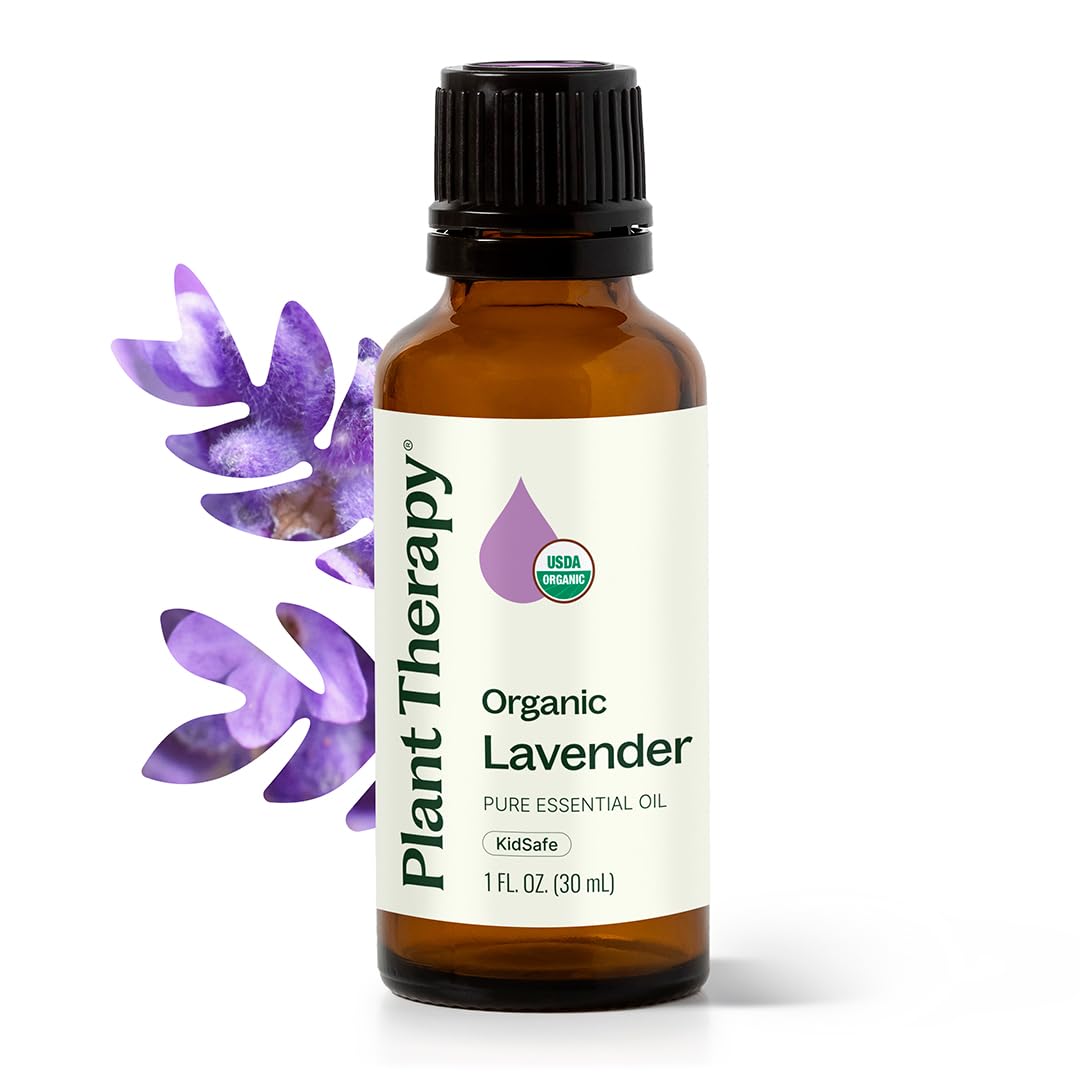Plant Therapy bottle front packaging showing organic lavender and certification benefits