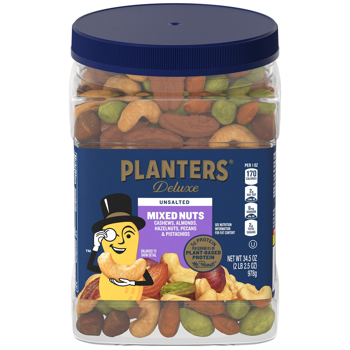 PLANTERS front packaging showing tub and premium blend, highlights freshness