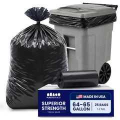 Plasticplace bag opened inside a 64-65 gallon can showing secure fit and spill reduction