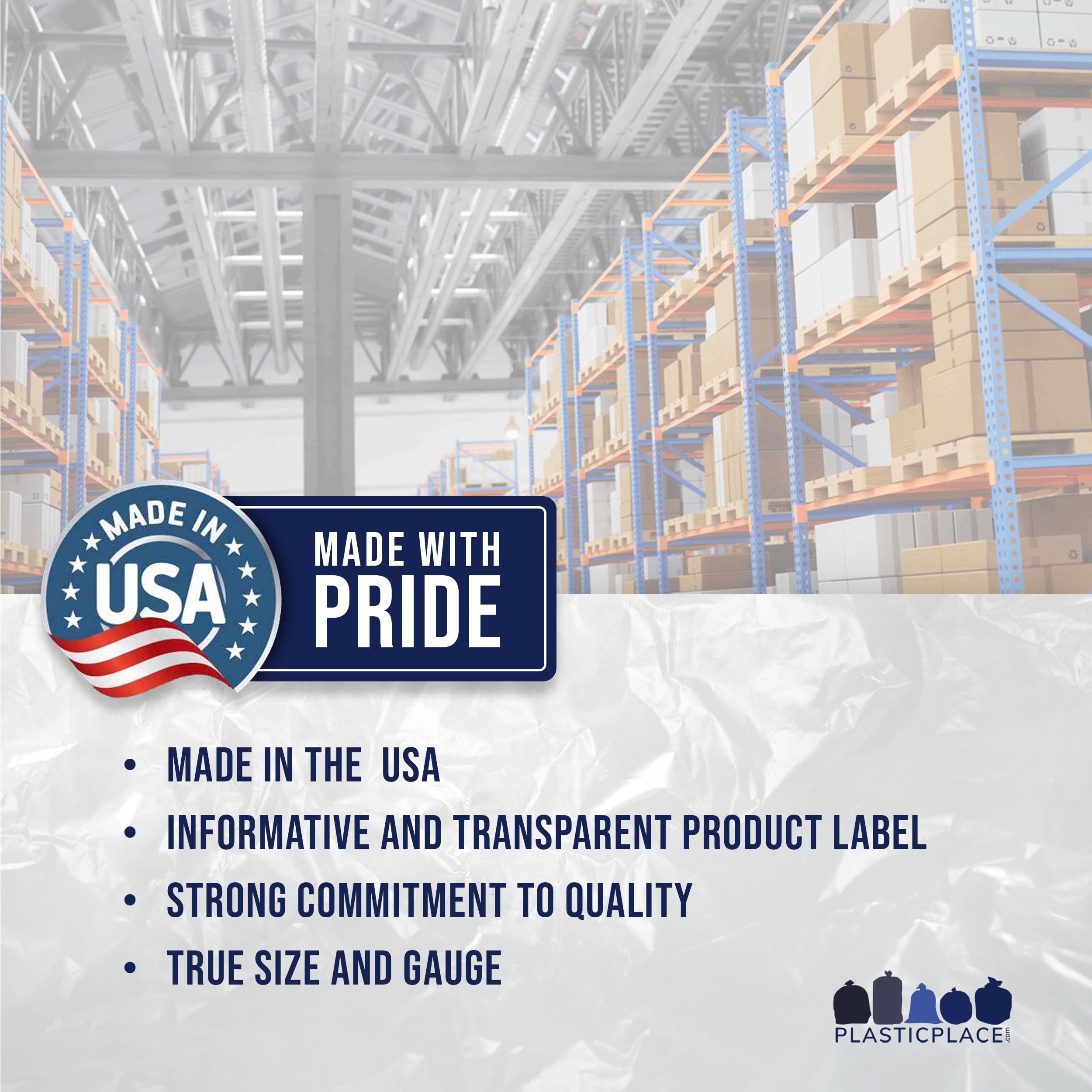 Plasticplace product label showing made in USA mark and quality assurance benefit