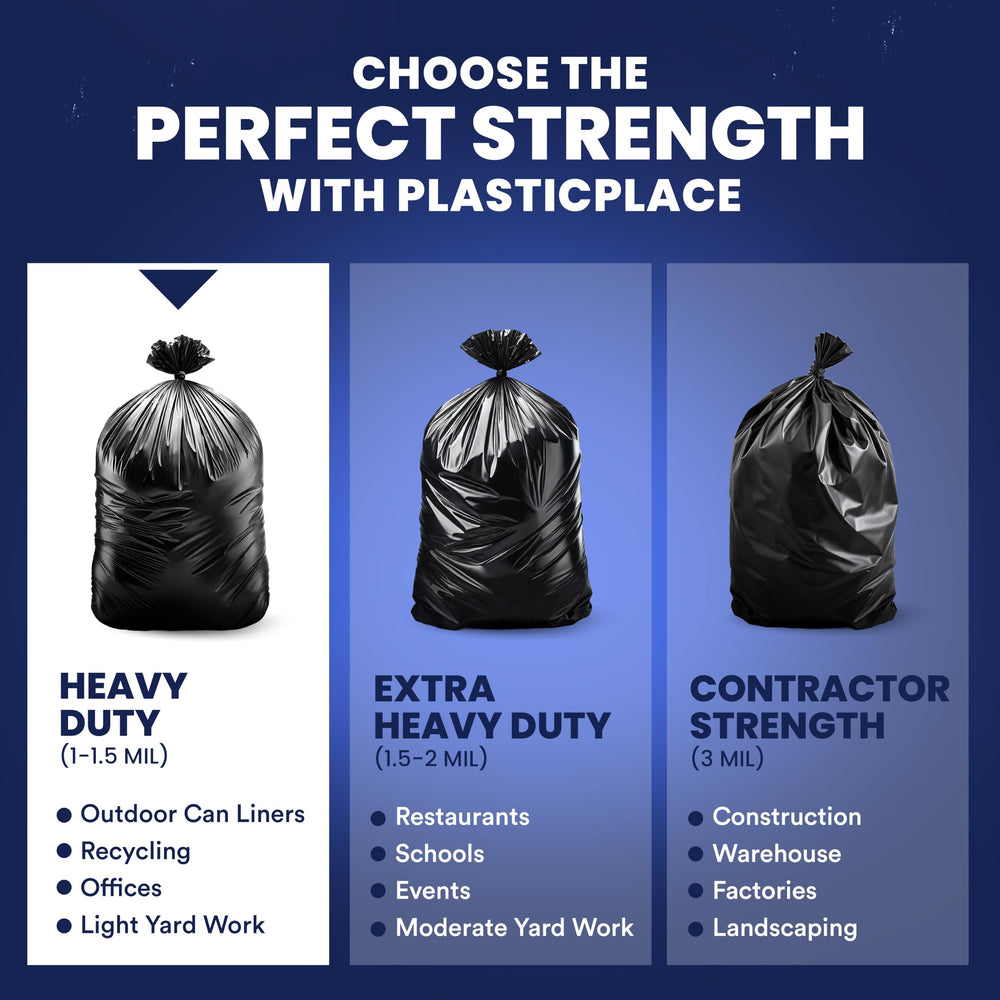 Plasticplace bag beside a drum illustrating 55–60 gallon size and fit