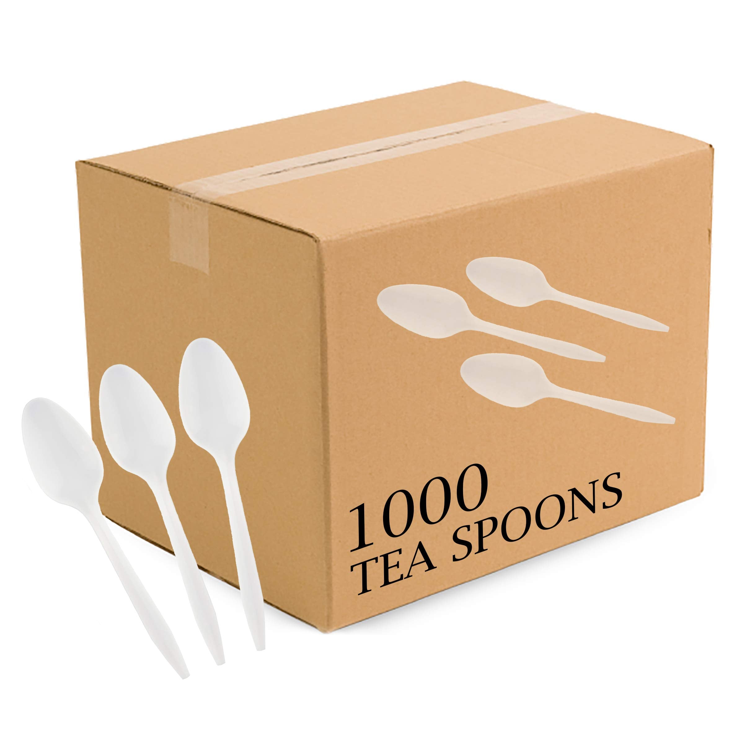PLASTICPRO front-of-box showing 1000-count and white spoons for event convenience