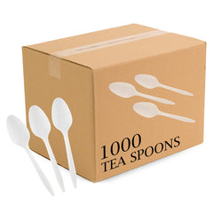 PLASTICPRO front-of-box showing 1000-count and white spoons for event convenience