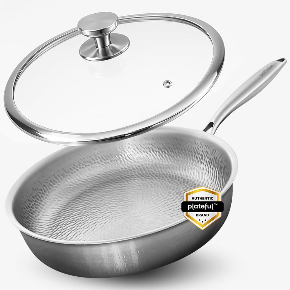 Plateful 12-inch pan front view showing durable titanium finish and handle for longevity