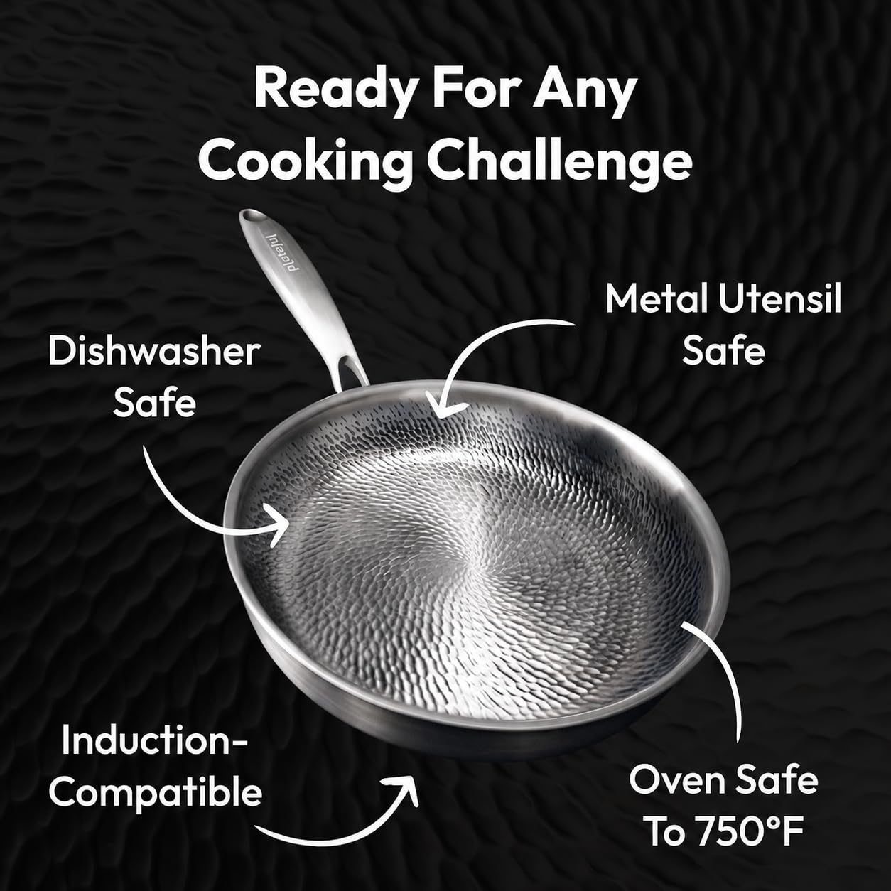 Plateful pan with metal spatula demonstrating utensil-safe titanium durability
