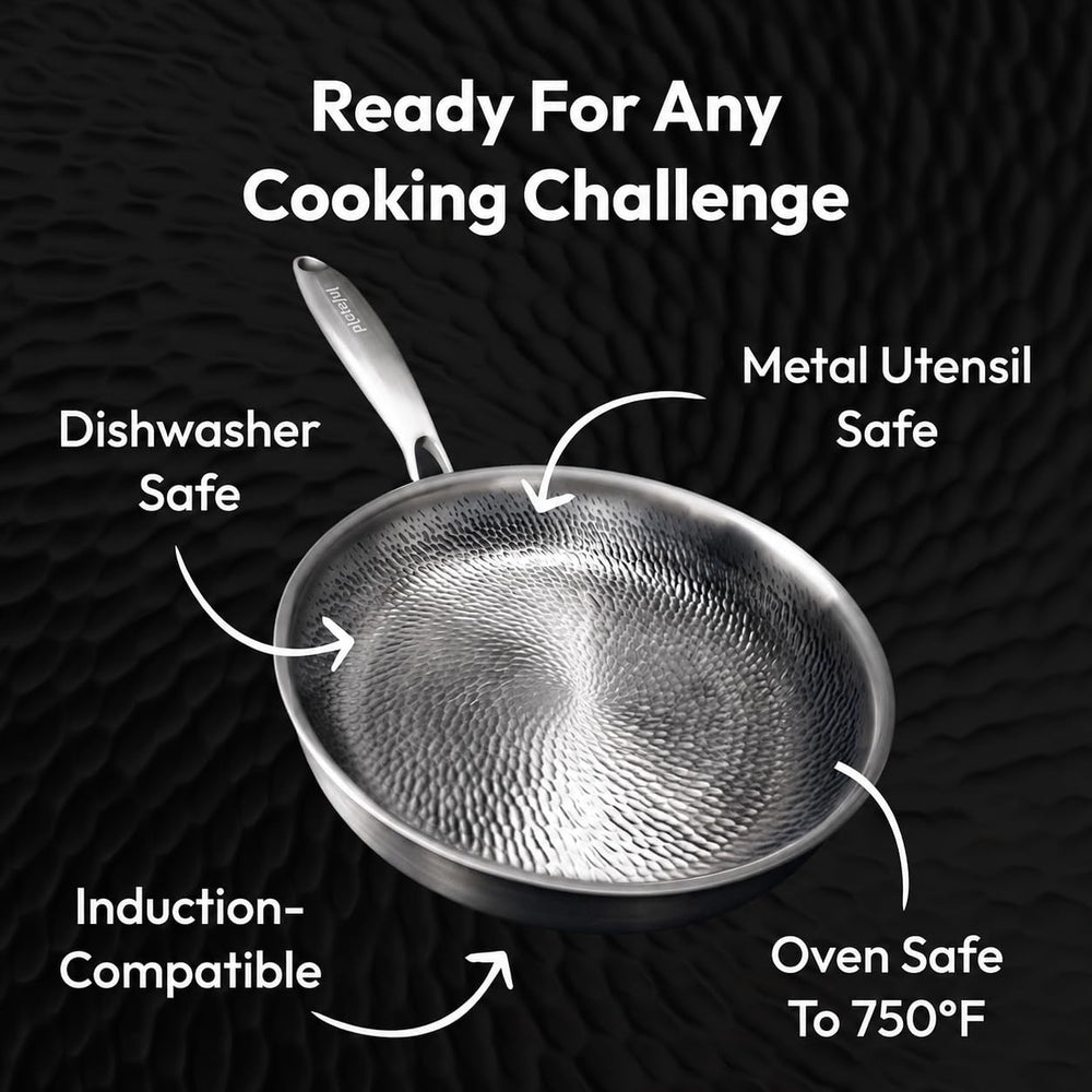 Plateful pan with metal spatula demonstrating utensil-safe titanium durability