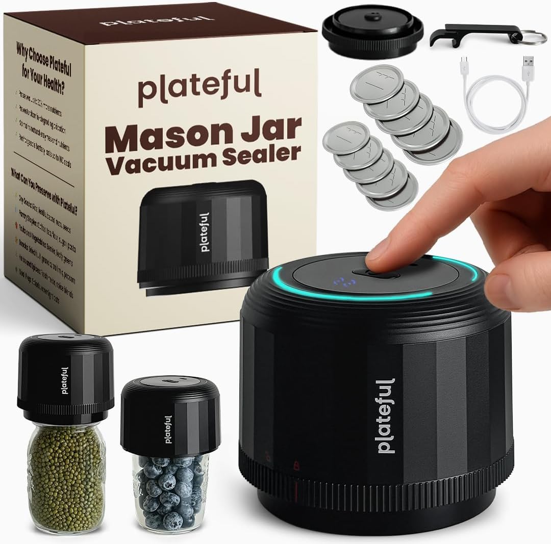 Plateful VacuFresh front view showing compact cordless sealer for easy storage