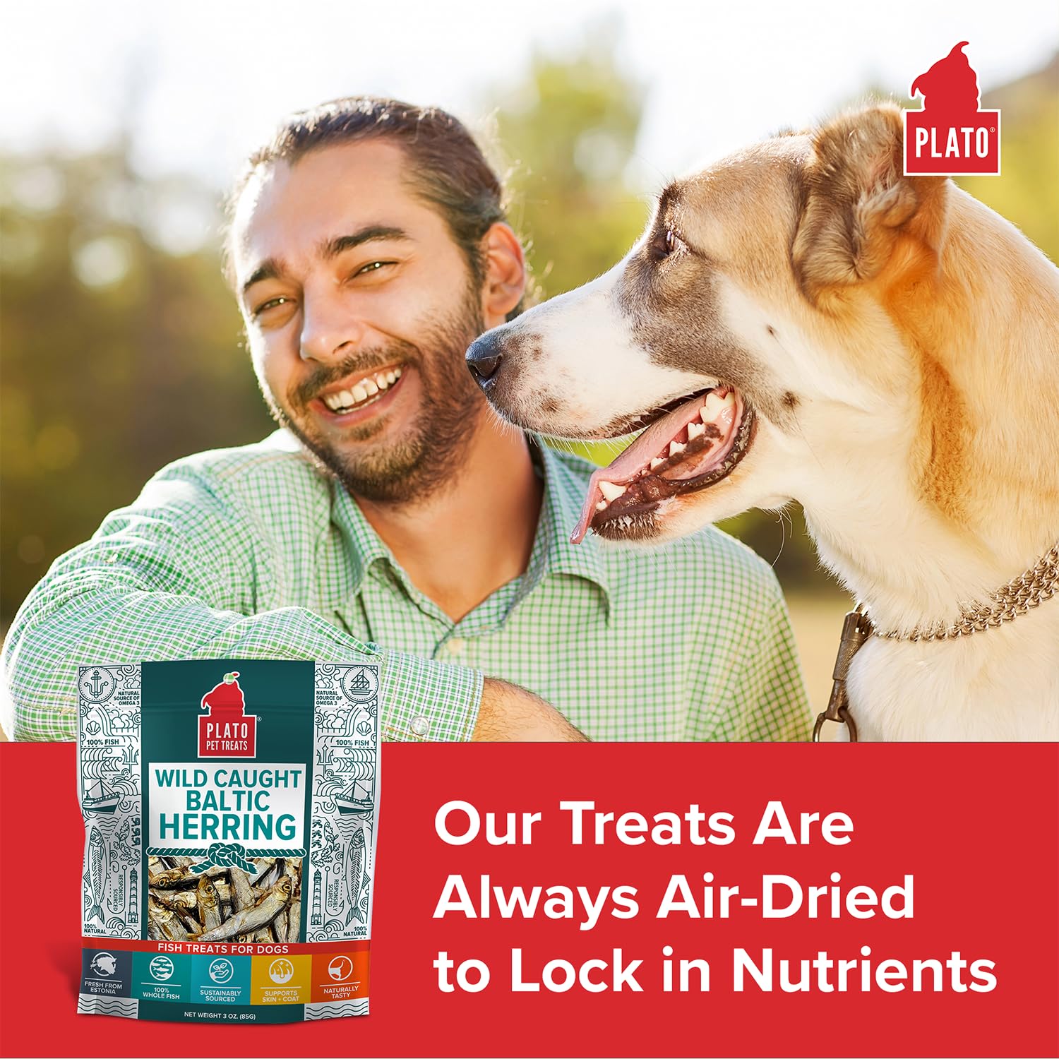 PLATO opened bag with treats spilling, shows easy-access convenience