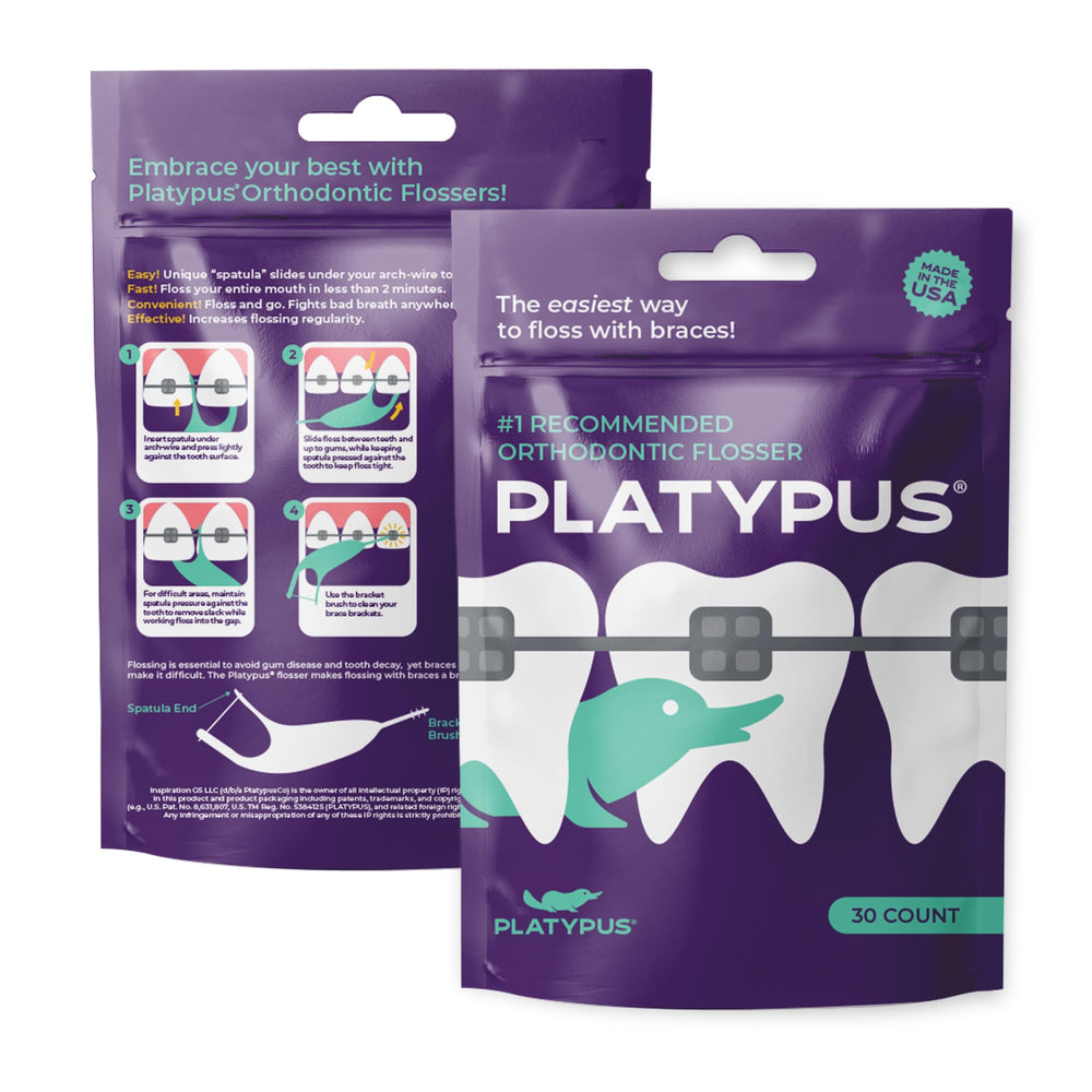 Platypus close-up of flosser texture and floss strand for easy grip