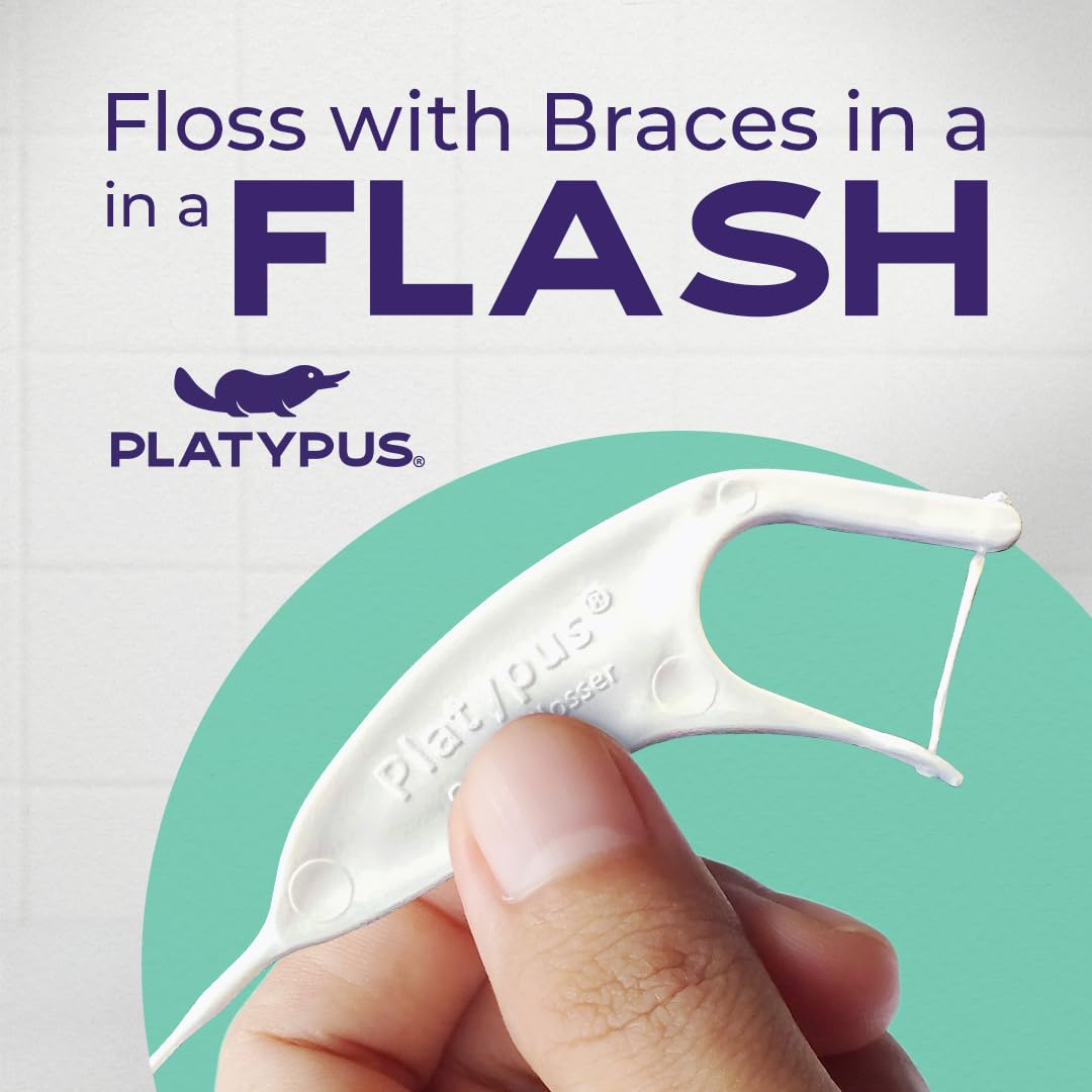 Platypus flosser in a purse ready for on-the-go braces maintenance