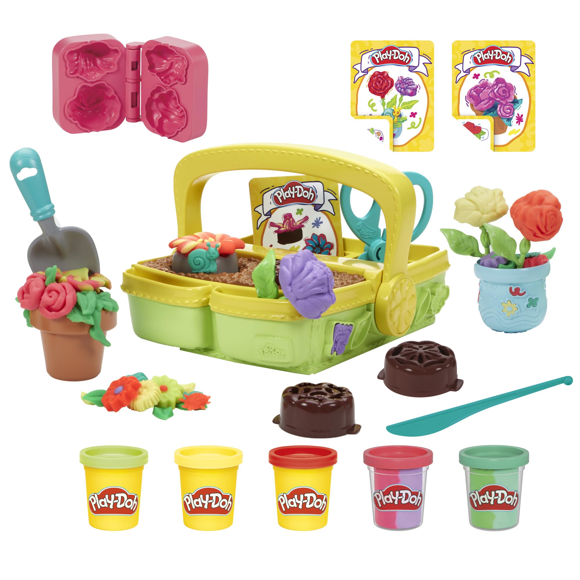 Play‑Doh Blooming Flower Garden front packaging showing set contents and benefits