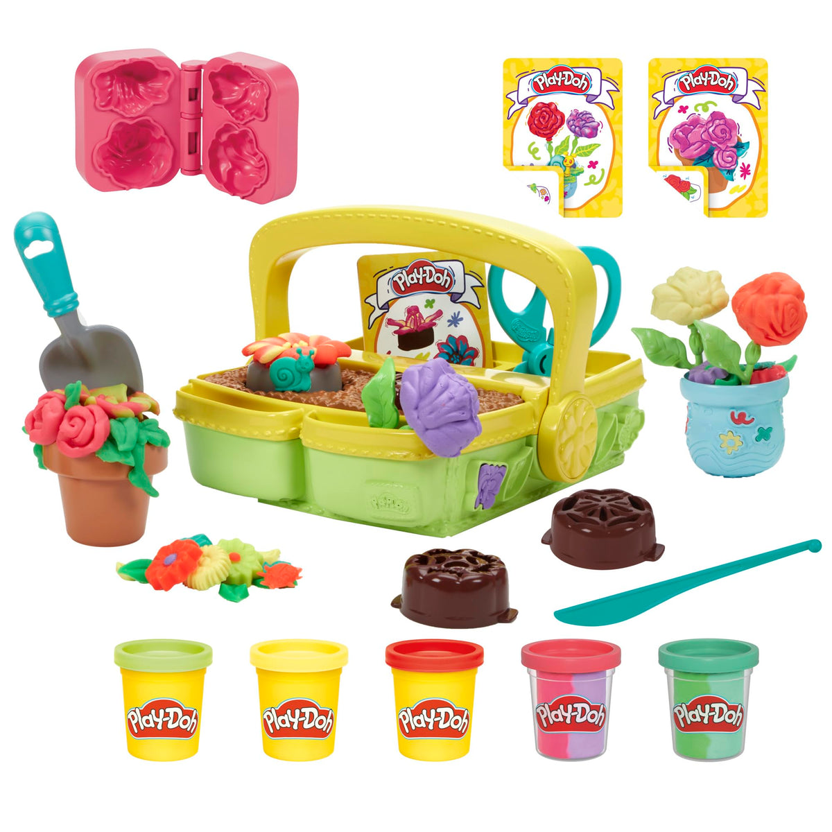 Play‑Doh Blooming Flower Garden front packaging showing set contents and benefits