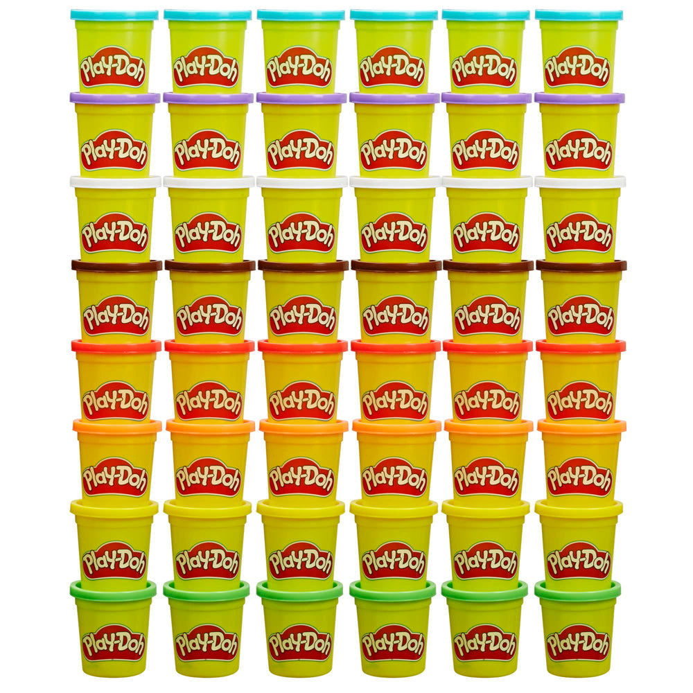 Play‑Doh front packaging showing full 48‑can classroom bulk pack and easy distribution