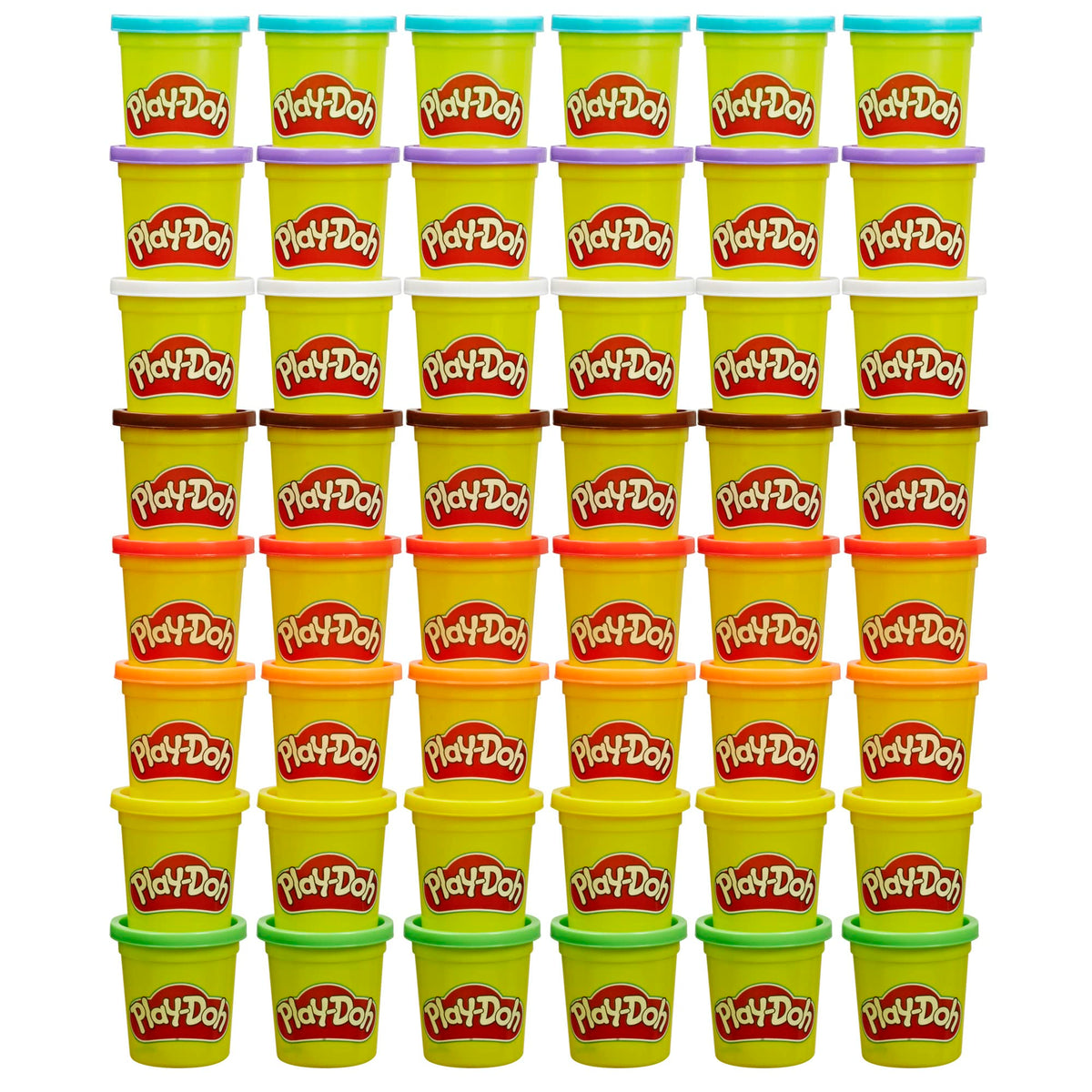 Play‑Doh front packaging showing full 48‑can classroom bulk pack and easy distribution