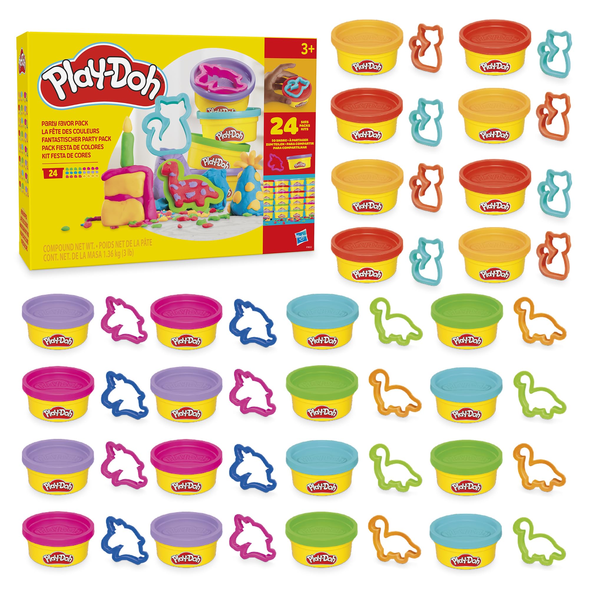 Play-Doh front packaging showing 24 cans and cutters for easy giveaways