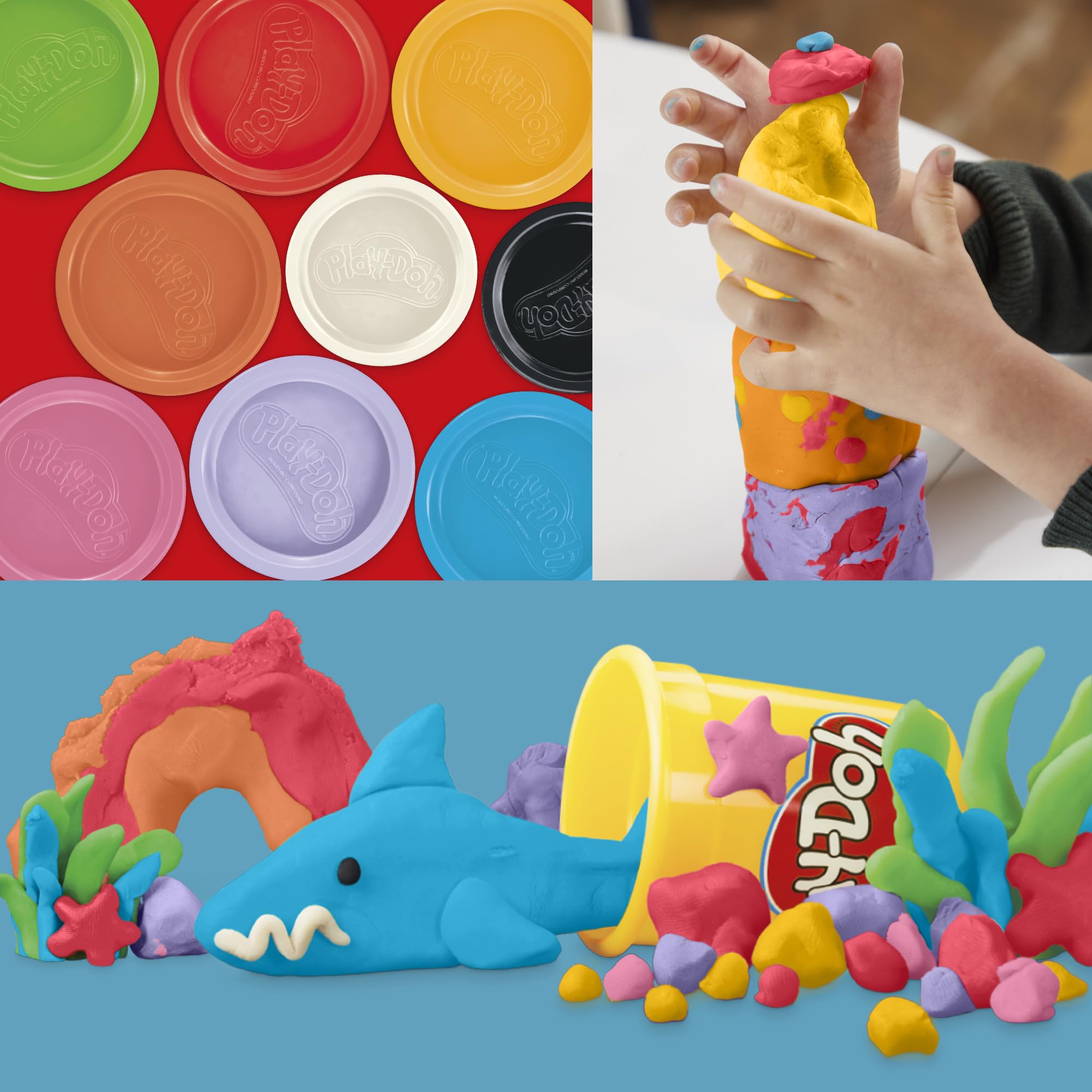 Stacked Play‑Doh cans in a storage tub maximizing shelf space and tidy organization