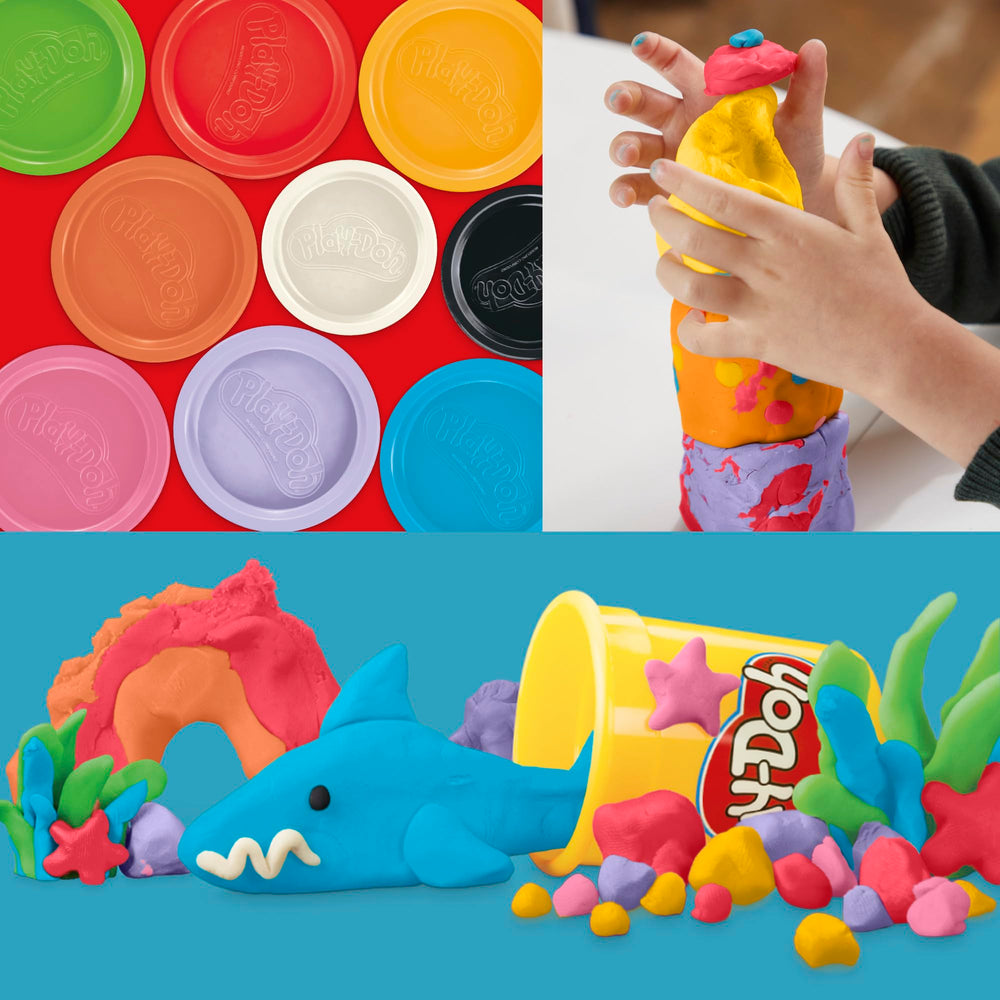 Stacked Play‑Doh cans in a storage tub maximizing shelf space and tidy organization