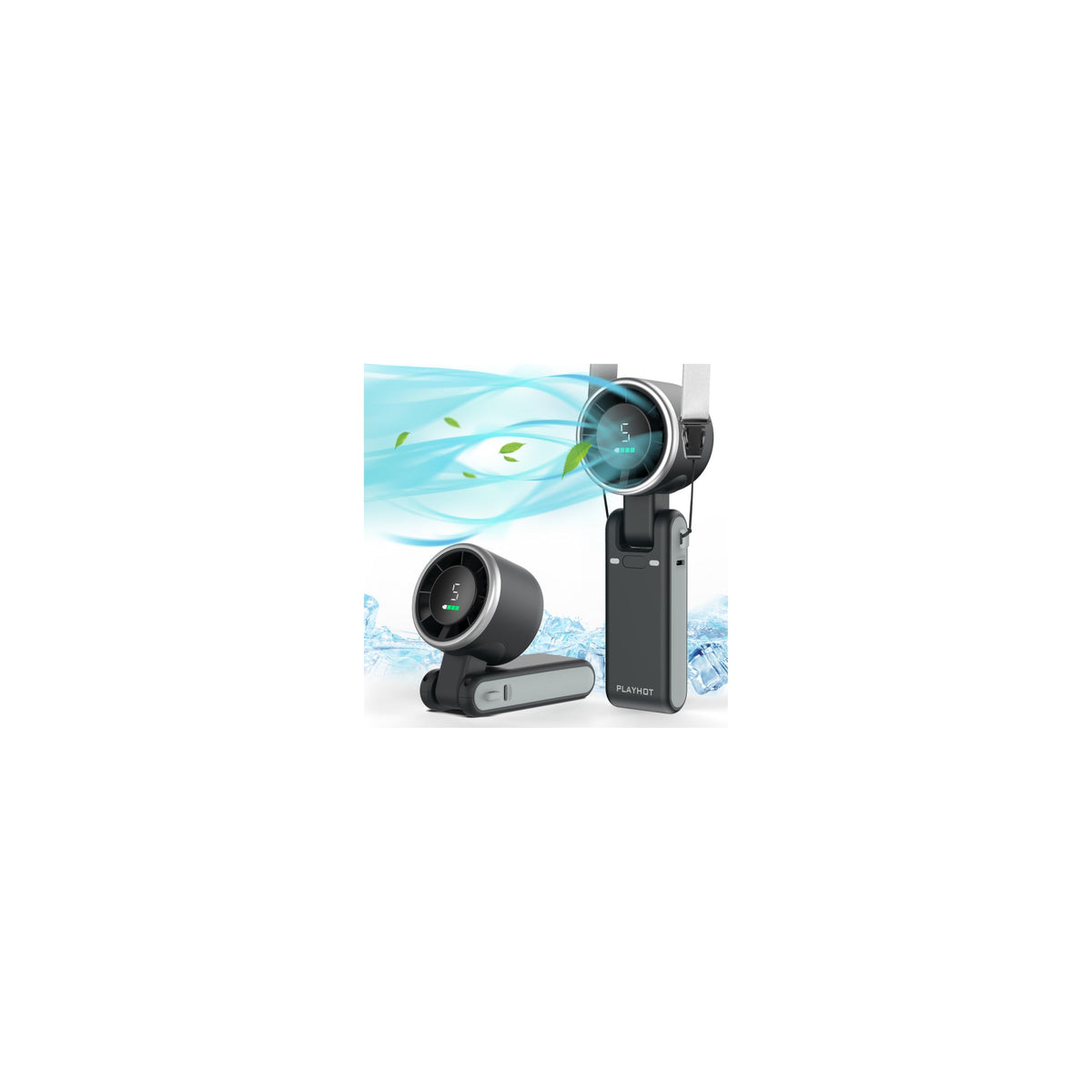PlayHot front view portable fan showing sleek housing and strong airflow benefit
