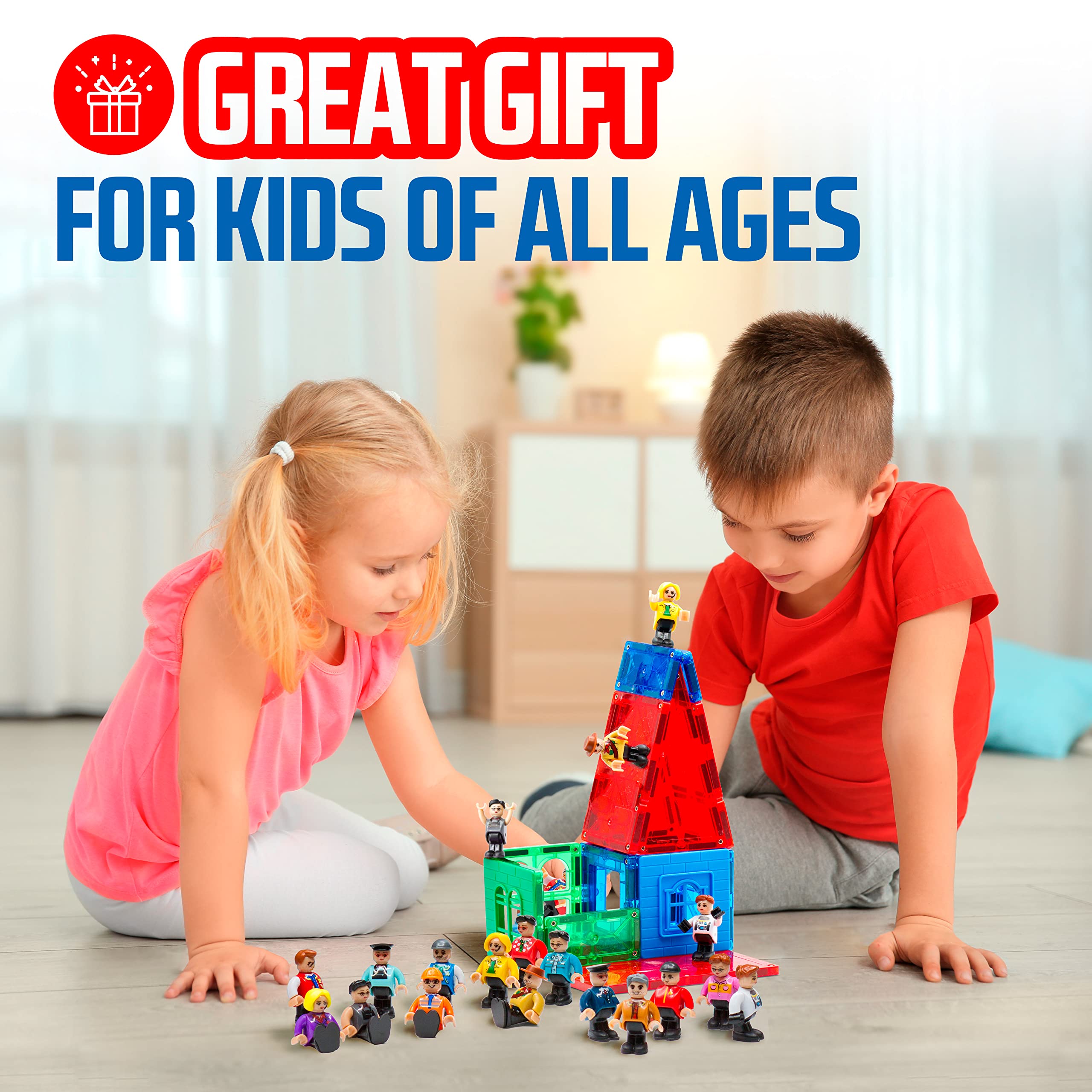 Playmags children playing with tiles and figures encouraging imaginative play