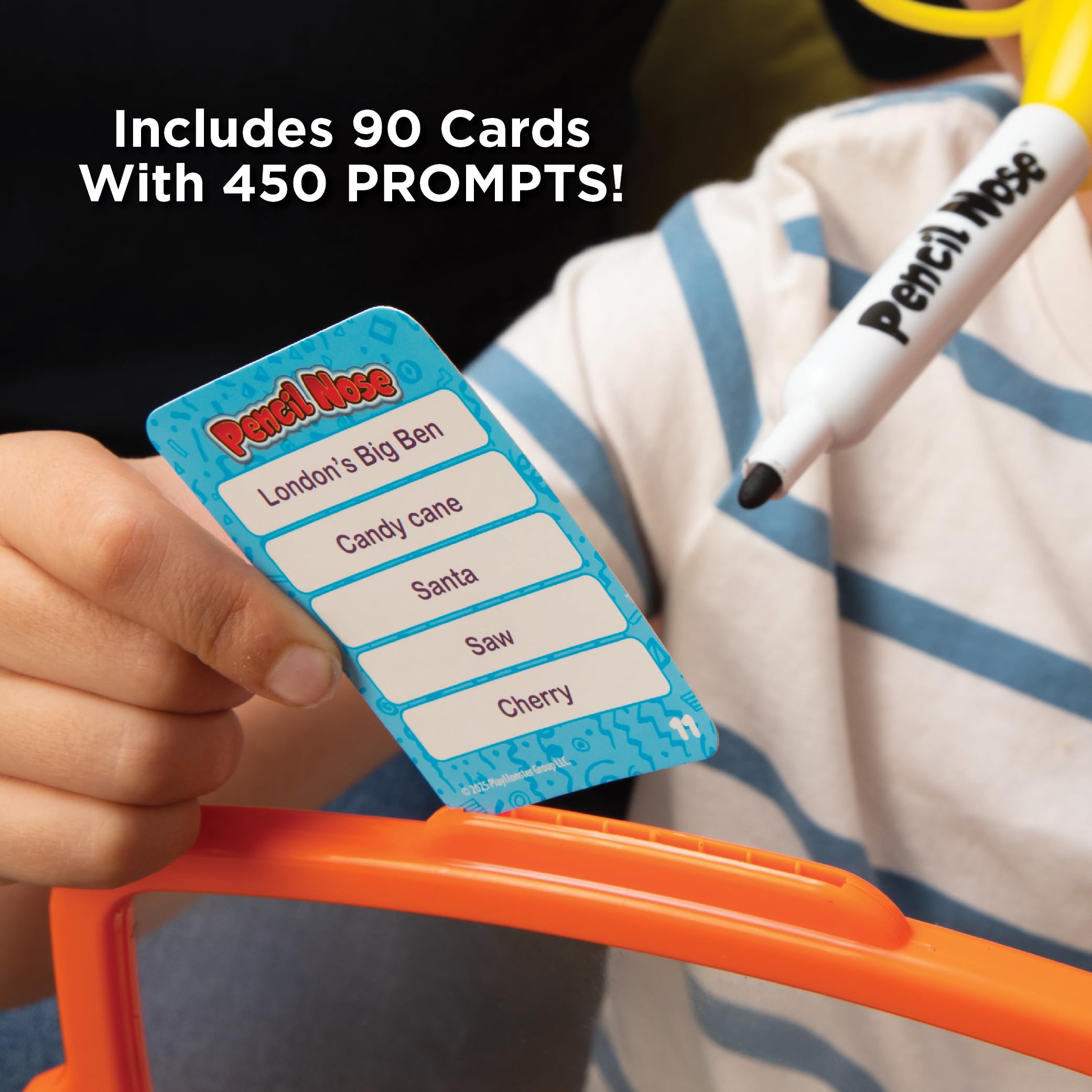 Family laughing around a table playing PlayMonster Pencil Nose party game for bonding