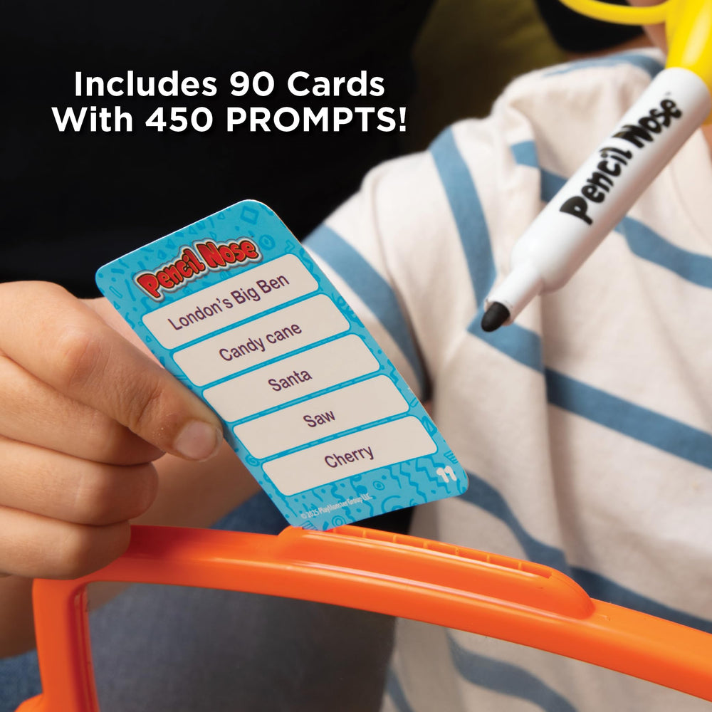 Family laughing around a table playing PlayMonster Pencil Nose party game for bonding