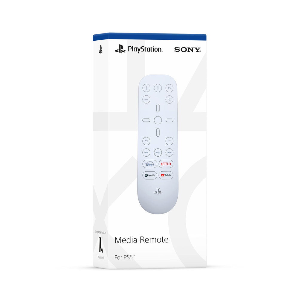 PlayStation media remote on a couch next to PS5 remote illustrating easy living-room control