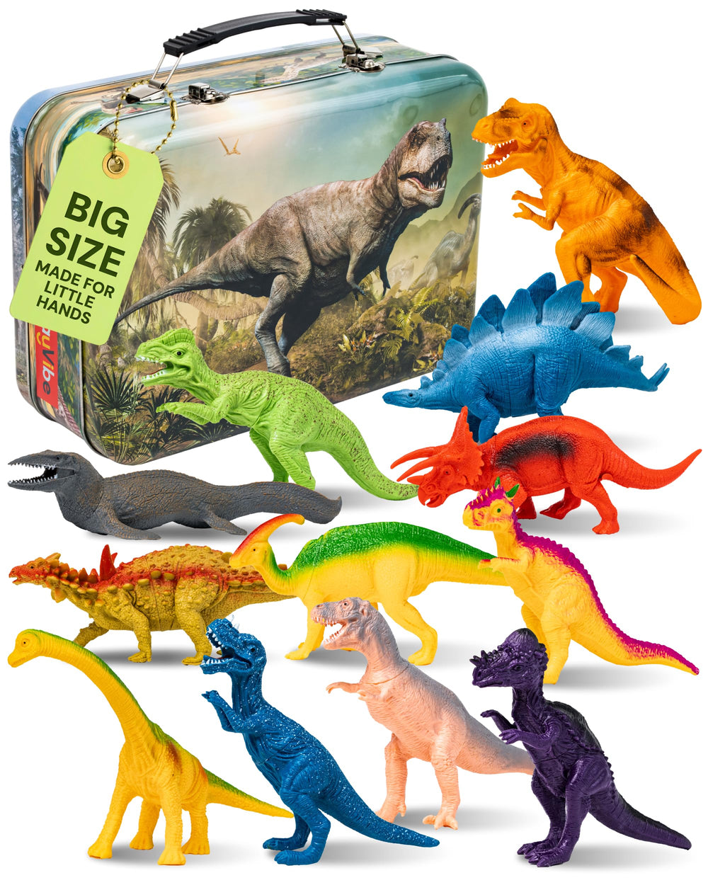 PLAYVIBE front packaging showing full dinosaur set and storage box for quick selection