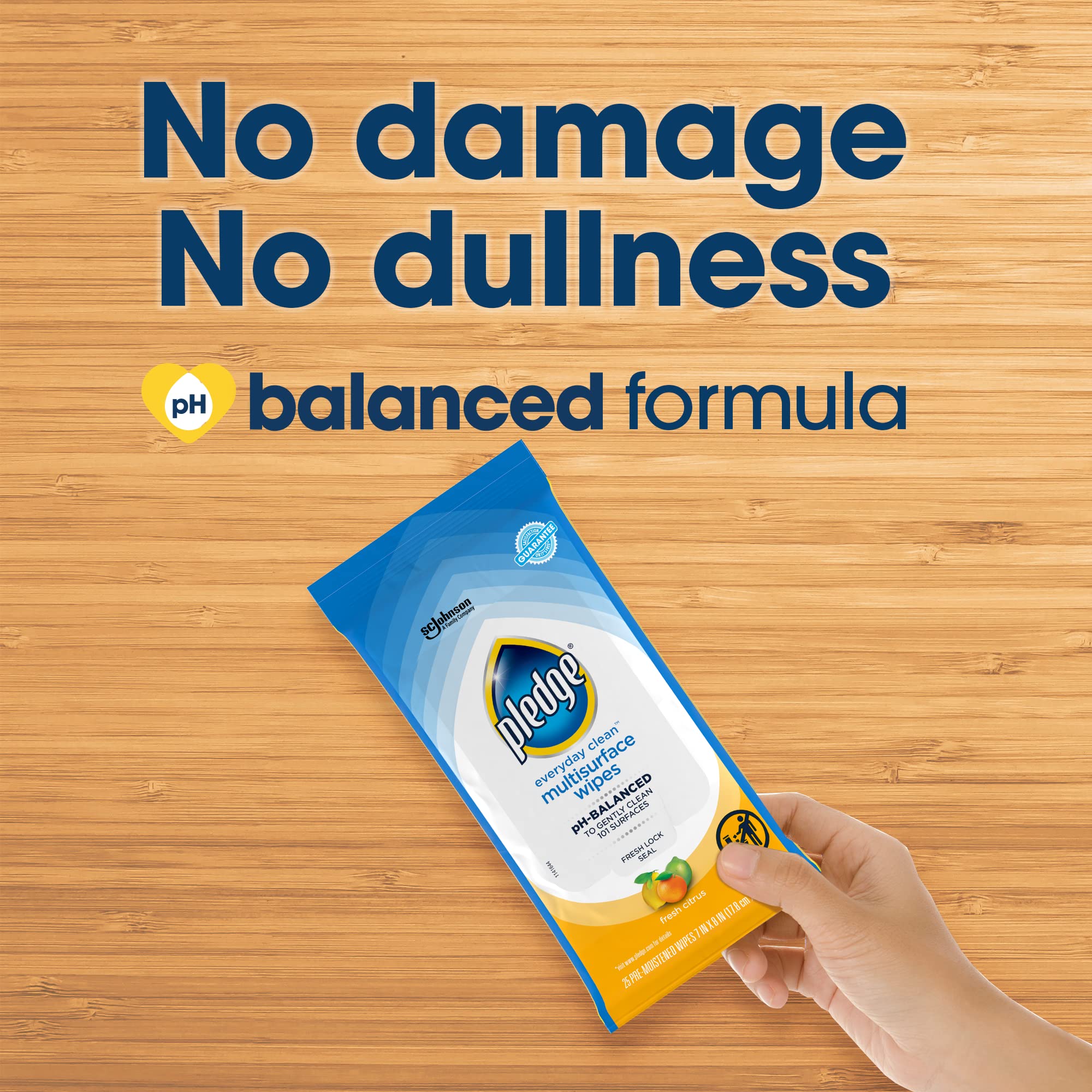 Pledge cleaning kitchen counter showing streak-free surface benefit
