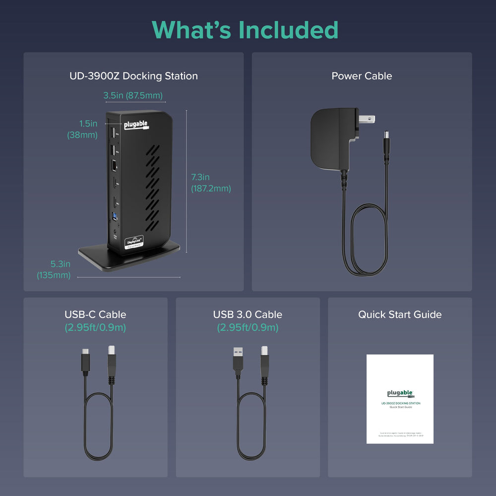 Plugable UD-3900Z next to laptop to show size and scale for workspace planning
