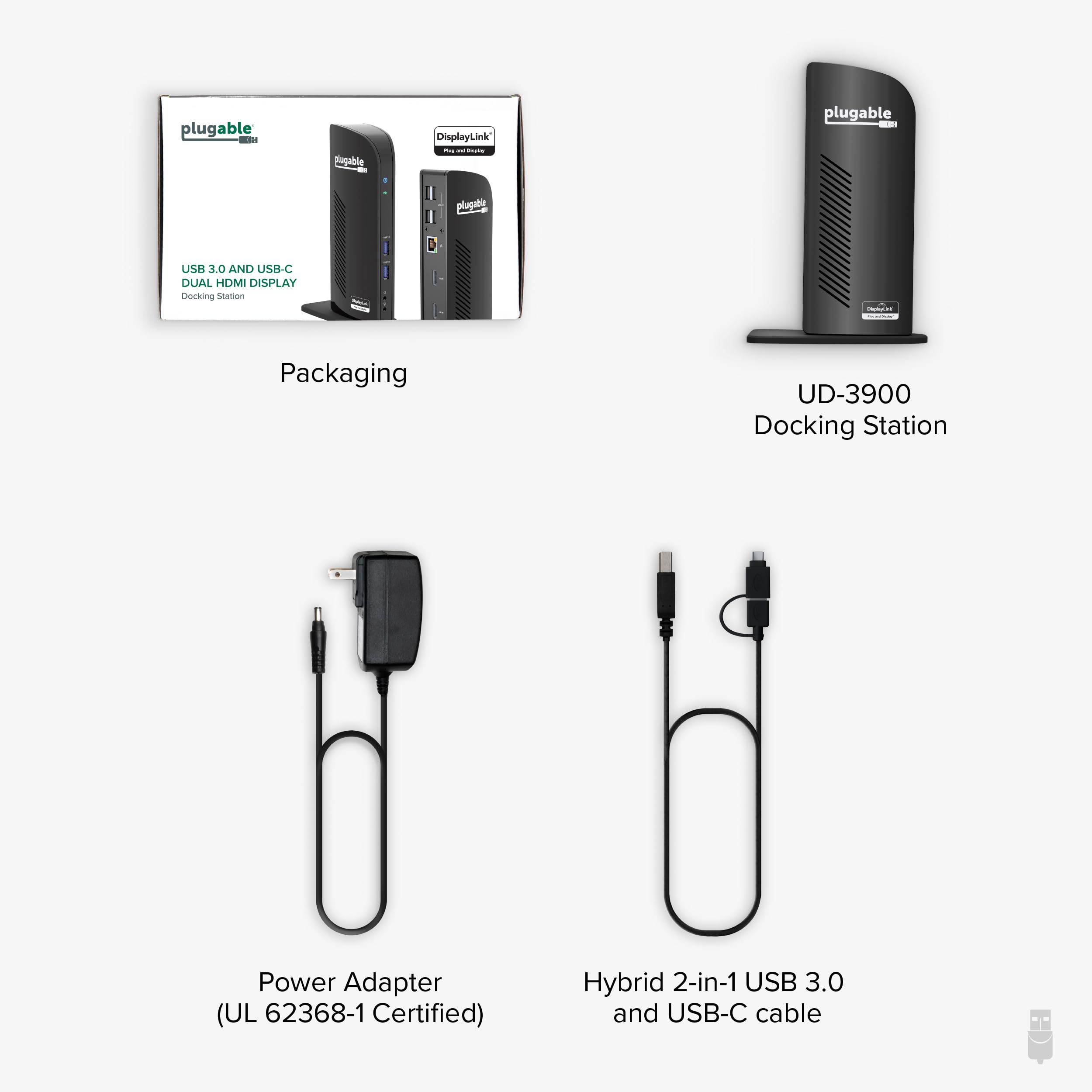 Plugable UD-3900 next to laptop to show size and portability for cramped workspaces